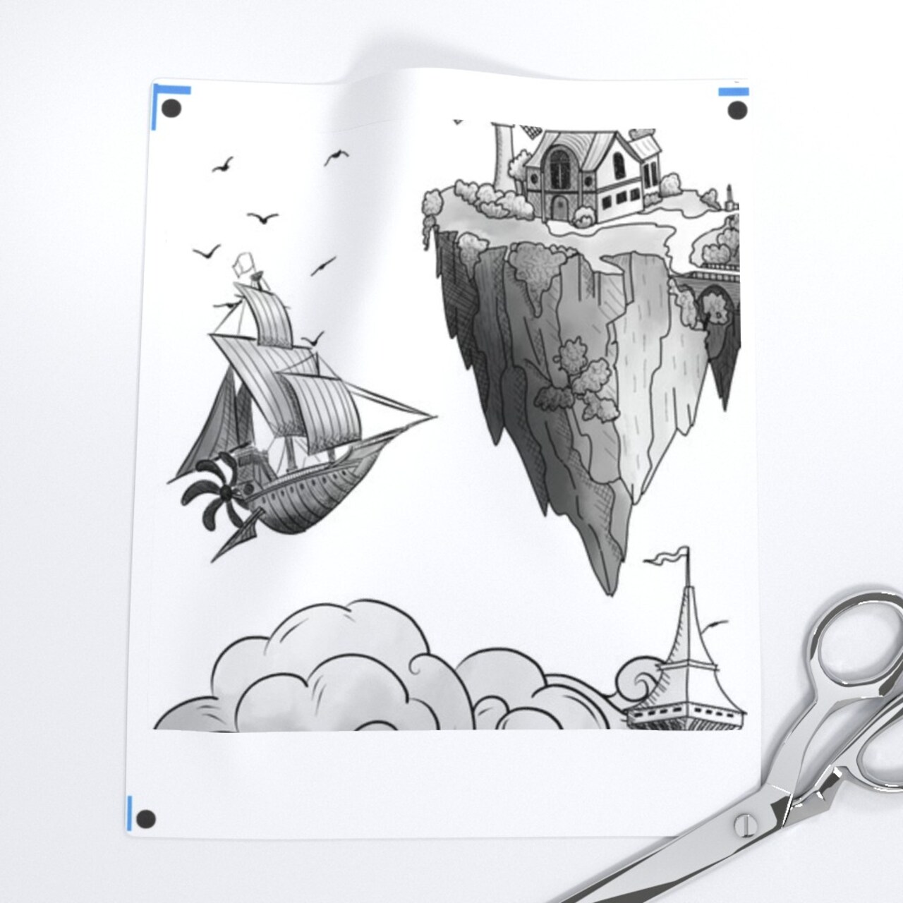 Toile Dragons Castle Island Fantasy Monochrome Illustration Black And White Custom Printed Fabric by Spoonflower Various Fabrics by the Yard or Fat Quarter